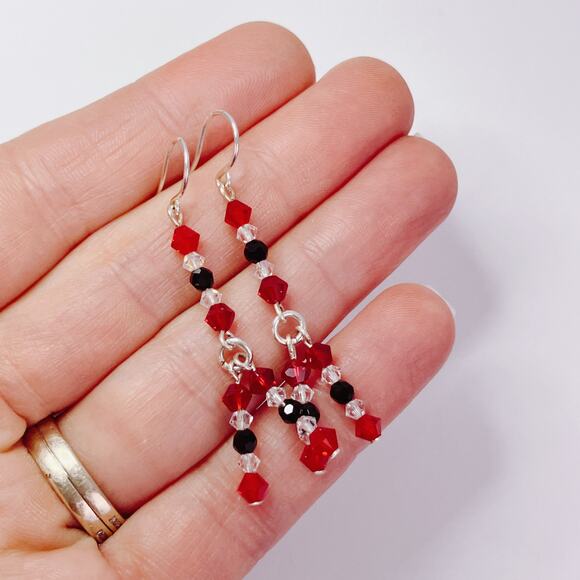 VTG Artisan Sterling Filled Swarovski Red Black Crystal Dangle Earrings Handmade - Picture 3 of 16